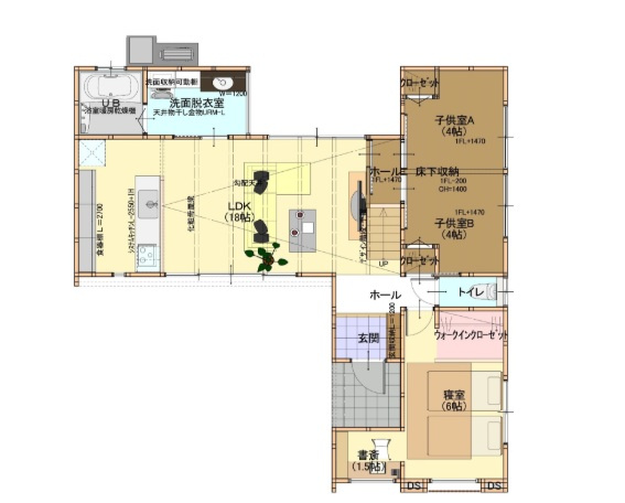 エクセシオール丸亀城平屋モデル　２号地の間取り|【人気の平屋タイプ】　～スキップフロアで生活空間が広がる住まいです～
