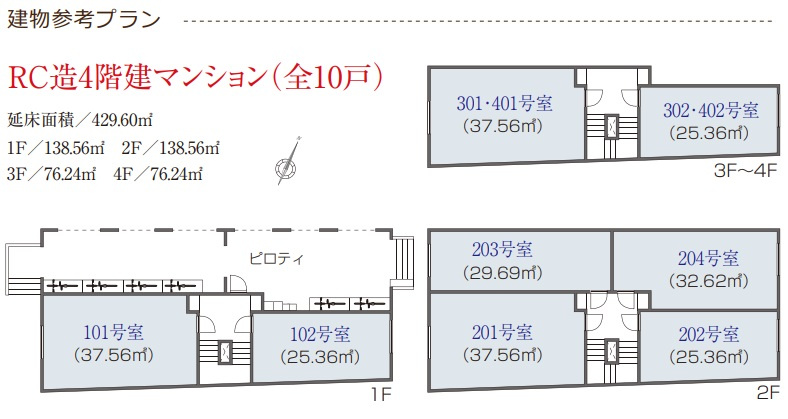 高輪４　土地の参考プラン|☆参考プラン☆
RC造4階建てマンション（全10戸）
延床面積426.6㎡