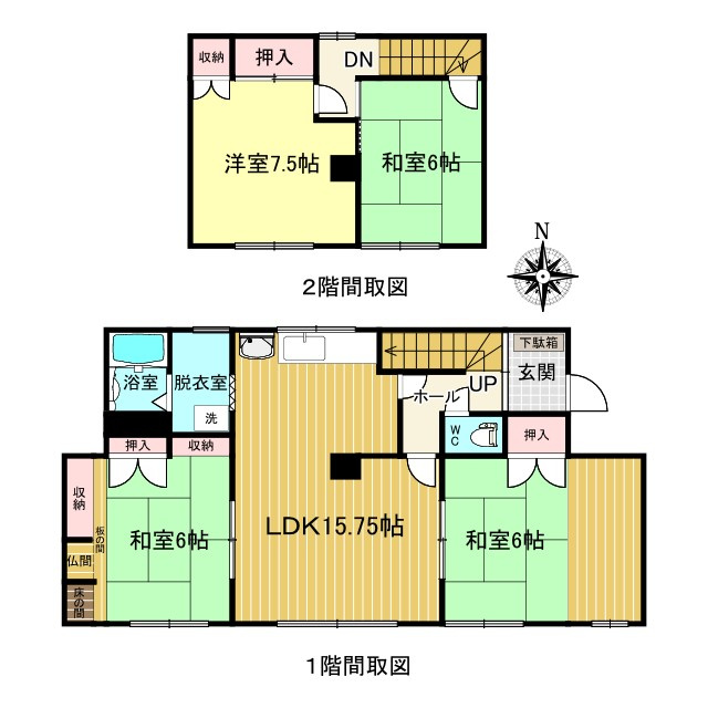 北見市美山町南２丁目８番地４２ 中古売家の間取り|4LDKで1階LDKが15.75帖、1階6帖和室が2室で、2階は7.5帖洋室が1室と和室1室の間取となっております。