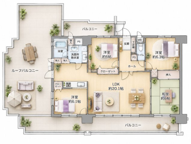 【間取り】 | エバーライフ春日公園☆仲介手数料無料☆ | ※本図に表示されている家具・家電・照明・インテリア・観葉植物等は、AIによる配置イメージです。実際には設置されておらず、売買対象にも含まれません。図面と現況が相違する場合は、現況を優先いたします。
