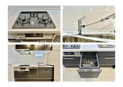 【キッチン】 | メイゾン向島 | 【システムキッチン】ワイドで収納豊富な使い勝手の良いシステムキッチンには、食洗器や伸縮タイプのキッチン水栓、三ツ口コンロ・魚焼きグリルなどの便利な設備が標準完備されています。