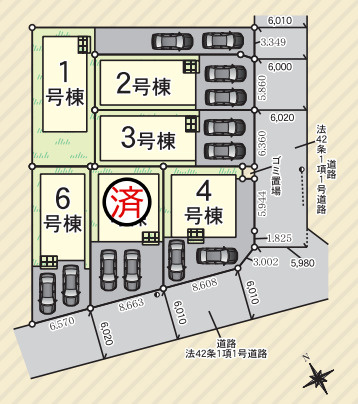 【今からご案内可能】東海市富貴ノ台 全6棟の区画図|全体区画数｜全6棟
◆駐車2台可能！(但し、車種による)
◎まずは、お気軽にお問い合わせください。現地を案内しながら周辺環境も見て頂けます。