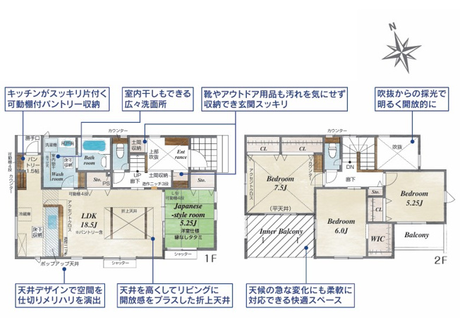 【間取り】 | blooming garden深谷市東方　新築住宅 | キッチン廻りがスッキリ片づく、可動棚付パントリー■ゴミ出しに便利な勝手口■インナーバルコニー