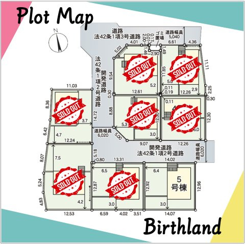 新築戸建・建売　郡山市富久山町福原字大師前　CRADLE　GARDEN　全8棟の地図|＜5号棟＞カースペース4台（車種による）※ゴミ置場、開発道路持分1/18有