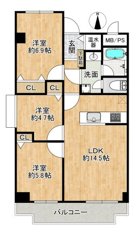 オリエント新大阪アーバンライフの間取り|◆専有面積：69.05㎡、3LDK、LDK約14.5帖！