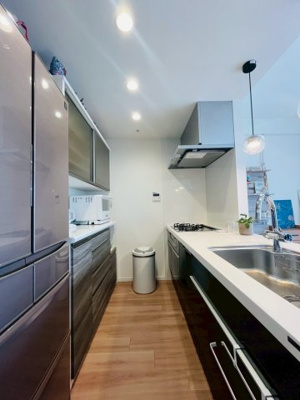 【キッチン】 | レイシアコート平野長原パークサイトリッジ | 木目調のデザインで統一されたキッチン空間。主張の少ないダウンライト照明ですっきりした印象です。