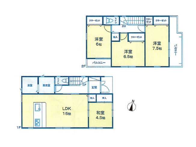 【間取り】 | 富士見市羽沢1丁目　新築一戸建住宅　全3棟　(ふじみ野店) | 2号棟/全居室収納完備、LDK横の和室は客間やキッズルームにも便利です。