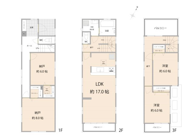 【間取り】 | ふじみ野市苗間　中古一戸建住宅　(ふじみ野店) | 全室6帖以上とゆとりある広さのお住まいです。
バルコニーを３か所に配し、通気性が良く心地の良い空間に。