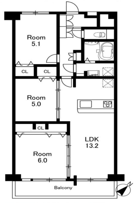 相模大野ハイライズの間取り|3LDK、価格3999万円、専有面積69.60m²、バルコニー面積6.96m²