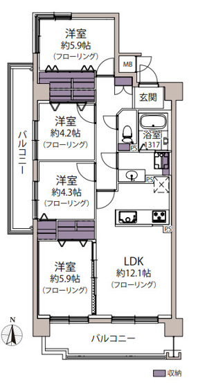 【間取り】 | コスモ小戸 | 角部屋2面バルコニー付きの4LDKで室内は明るく風通しも良好です