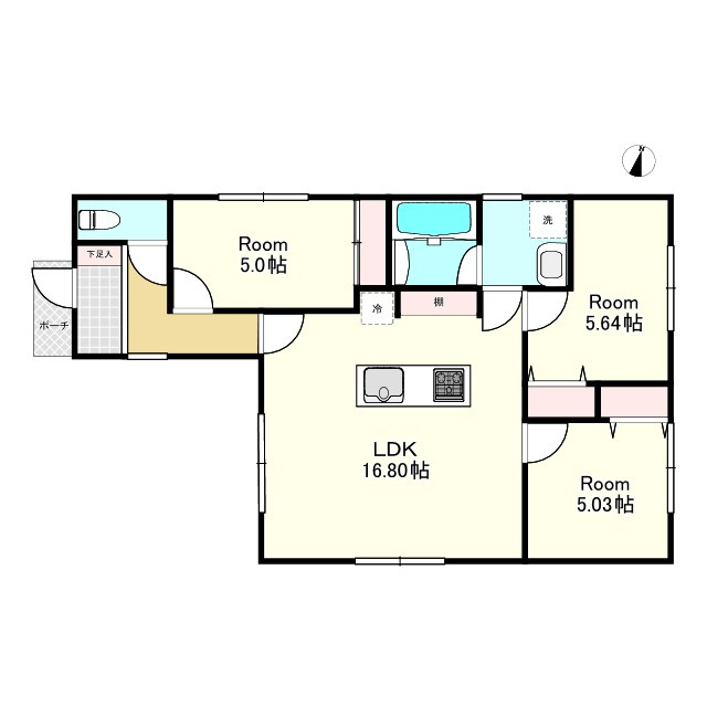 【建売】三沢市南町の間取り|平屋：LDK16.80帖、洋室5.64帖、洋室5.00帖、洋室5.00帖
