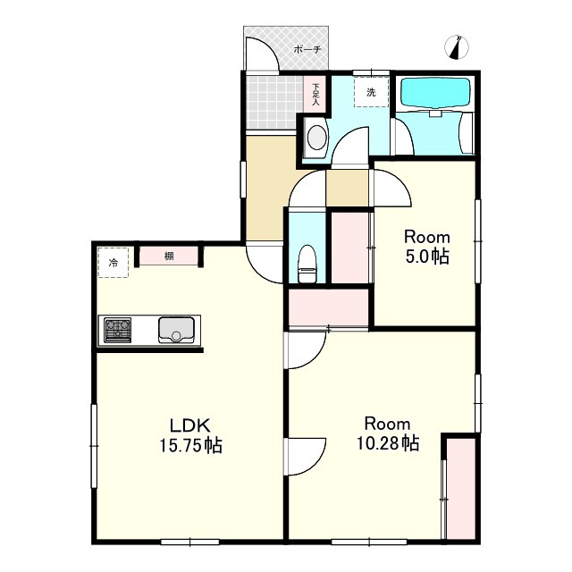 【建売】三沢市南町の間取り|２LDK平屋：LDK15.75帖、洋室10.28帖、洋室5.00帖