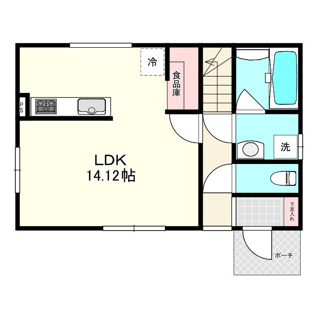 【新築建売住宅】八戸市根城２丁目の間取り|1F：ＬＤＫ14.12帖、トイレ、洗面室、浴室