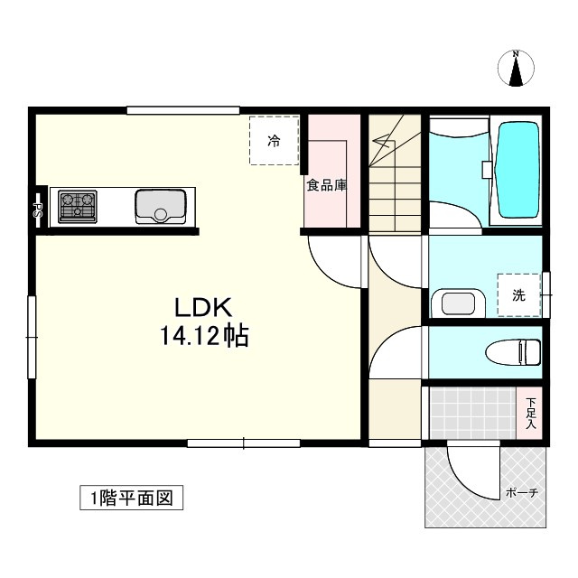 【建売】間もなく完成！八戸市根城の間取り|１F：LDK14.12帖、トイレ、洗面室、浴室