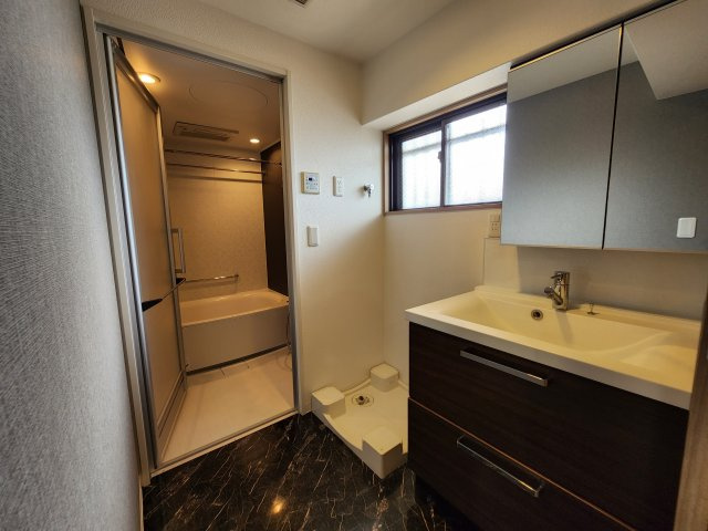 シャトー橿原の洗面所|窓付き洗面所の大きな二面鏡付き化粧洗面台、室内洗濯機置き場