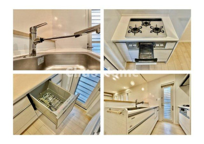 【キッチン】 | 葛飾区水元2丁目中古住宅 | 【システムキッチン】ワイドで収納豊富な使い勝手の良いカウンターキッチンには、食洗器や伸縮タイプのキッチン水栓、三ツ口コンロ・魚焼きグリルなどの便利な設備が標準完備されています。