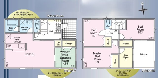南国市大そね甲第1　新築戸建　1号棟　の間取り|1階にLDKと和室、2階に洋室3部屋とサンルームを配置した、生活動線を考え抜いた4LDKです。全居室に収納を備え、家族それぞれのプライベートを守りながら、共有スペースでの交流も大切にできる設計です。