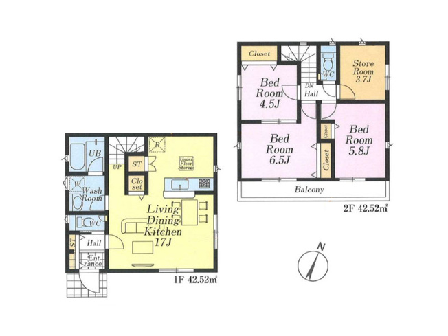 【間取り】 | 富士見市水谷東1丁目　新築一戸建住宅　全2棟　(ふじみ野店) | 2号棟/各居室に収納を備えた3SLDKの間取り。
人気の対面式キッチンとリビング階段でご家族仲良く暮らせます。