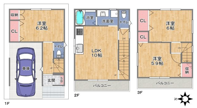【間取り】 | 平野区長吉六反4丁目 | 【全洋室3LDK＋車庫】収納＆設備充実☆玄関電子キーシステム・床暖房・食洗機・浴室乾燥機完備☆2階に水廻り設備集約、家事の効率UP♪トイレ2ヶ所にあり♪省エネ基準適合住宅です☆