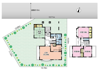 【間取り】 | かまとり住宅のリフォーム戸建て「リ・スタイル」 | じゅうぶんな広さのお庭があり、間口は10ｍ以上あります！
前面道路は16ｍ以上あり、遊歩道も整備されておりますので見通しもよく、車の出し入れもスムーズです。
南道路に面しているので陽当たりも良好です♪