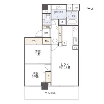 タワーシティ長崎タワーコートの間取り|水回りを集約し、日常使いに便利な2LDKの間取りです。