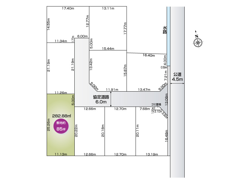 【館林市朝日町9区画　8号地　区画図】
敷地面積282.88㎡(88.57坪)
開発道路6ｍ幅
東側接道6.5ｍ幅
