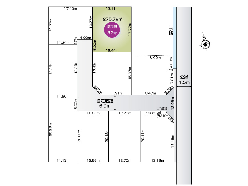 【館林市朝日町9区画　2号地　区画図】
敷地面積275.79㎡(83.42坪)
開発道路6ｍ幅
東側接道6.5ｍ幅