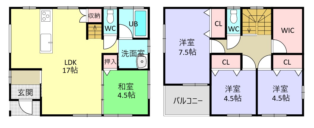 下伊敷3丁目　新築戸建ての間取り|全室南向きの4LDKです。2階のWICは家族でお使いいただけます。