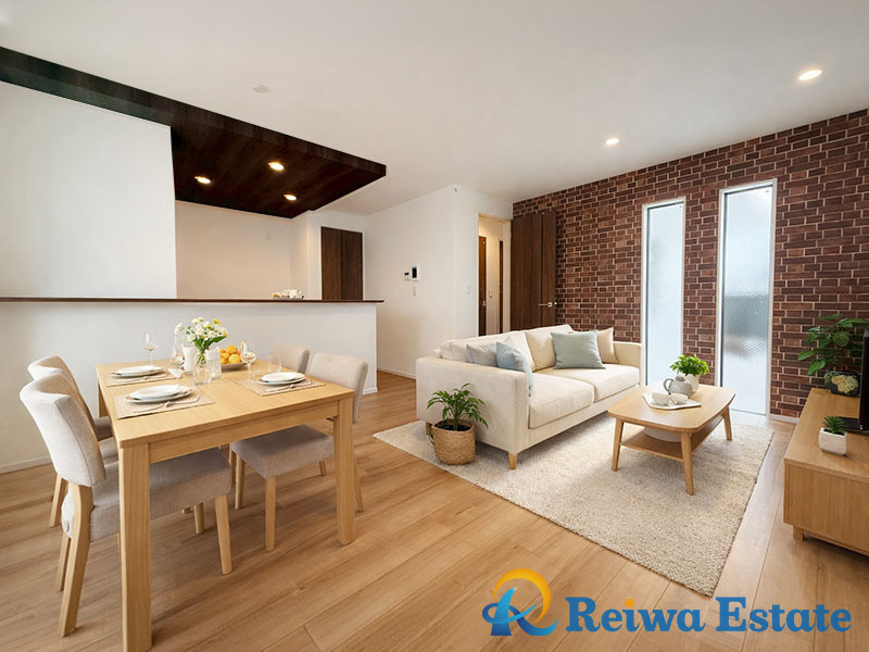 新築戸建　高座郡寒川町一之宮3丁目の居間・リビング|生活がイメージできるように、AIを使用して家具・家電・小物等を配置しております。