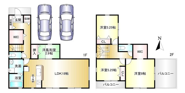 桜井市粟殿１２期全２棟の間取り|4LDK+2WIC　土地面積：141.05ｍ2　建物面積：100.44ｍ2　駐車スペース2台