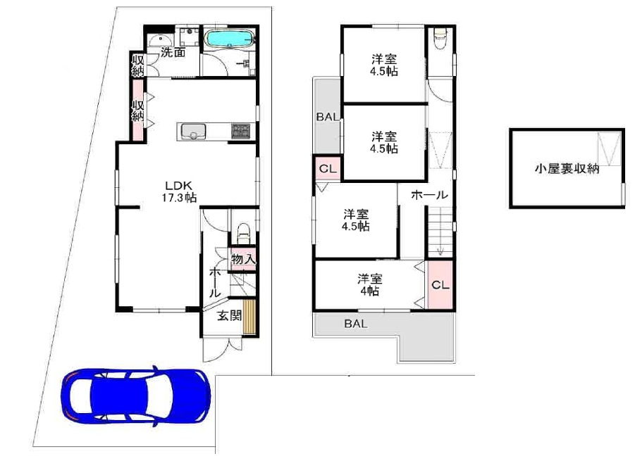大蓮東3丁目中古戸建の間取り|全居室洋室で使いやすい間取りです！収納スペースは豊富にあり、小屋裏収納もございますので、容量はたっぷりです！
