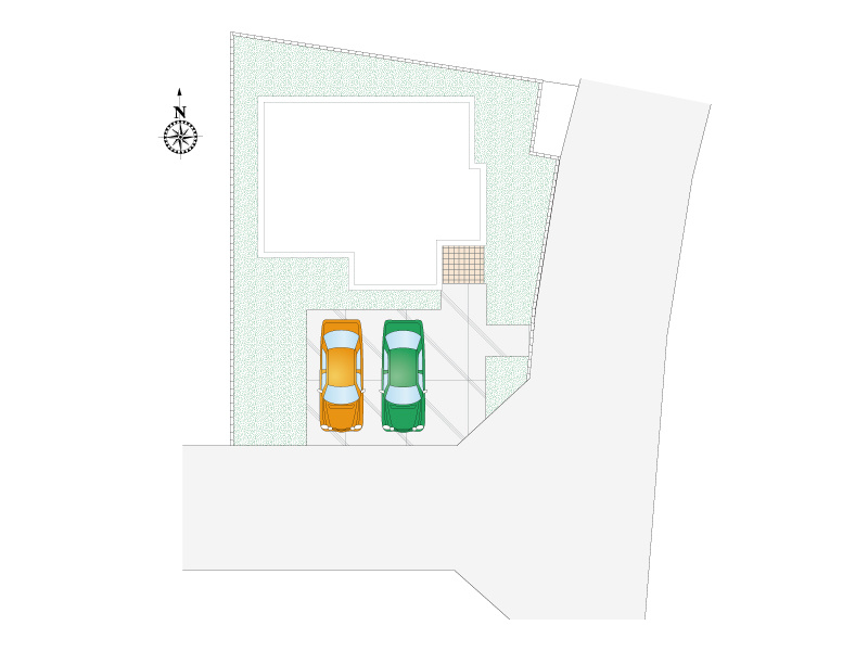 【区画図】南・東側道路で陽当たり・見通しもよく、お車の駐車も安心して停められます。並列２台駐車可能。