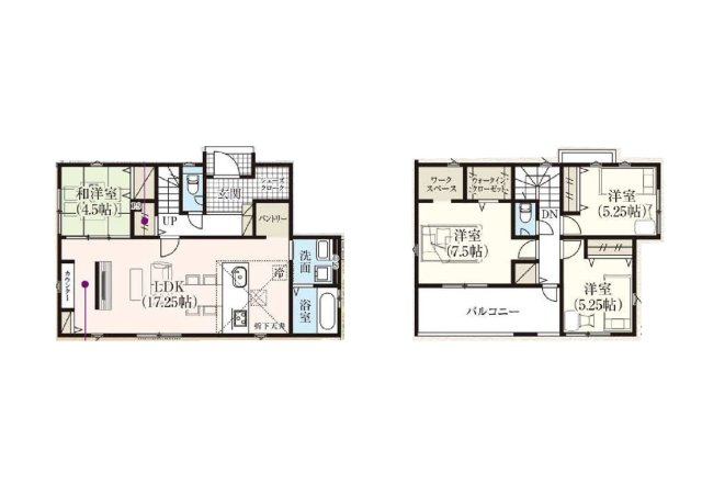 新築　前橋市南町4期　GRARARE　１号棟の間取り|建物面積115.51㎡　シューズインクローク・ウォークインクローゼット・パントリー・ワークスペース・各部屋収納付きで便利です！インナーバルコニーなので急な雨でもお洗濯物も安心です。