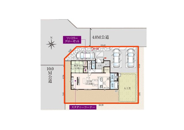 新築　前橋市南町4期　GRARARE　１号棟の区画図|1号棟　区画図　西側接道幅員約10ｍ　北側接道幅員約4ｍ

