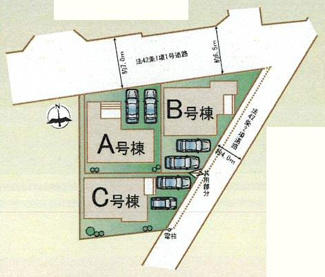 【区画図】 | 海老名市社家3丁目  C号棟 | Ｃ号棟　東側約4m公道　駐車並列2台（車種によります）