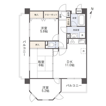 朝日プラザ京町の間取り|２面バルコニーの明るい角部屋