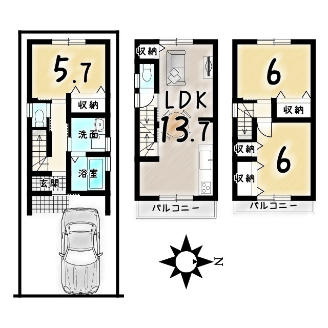 太秦青木ケ原町　建築条件付土地の土地図＋建物プラン例|【土地1210万円　建物1570万円　建物面積77.40㎡】
土地先行決済要