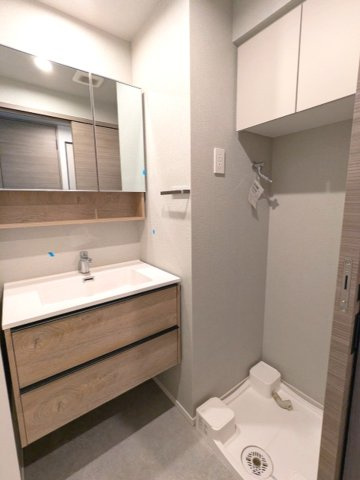 ミリアレジデンス蔵前の洗面所|参考写真、トイレと独立した2面鏡付洗面台、洗面台下にヘルスメーターストックあります、洗濯機置場はお手入れし易い様に排水口を手前中央に配置し、足高の防水パンです