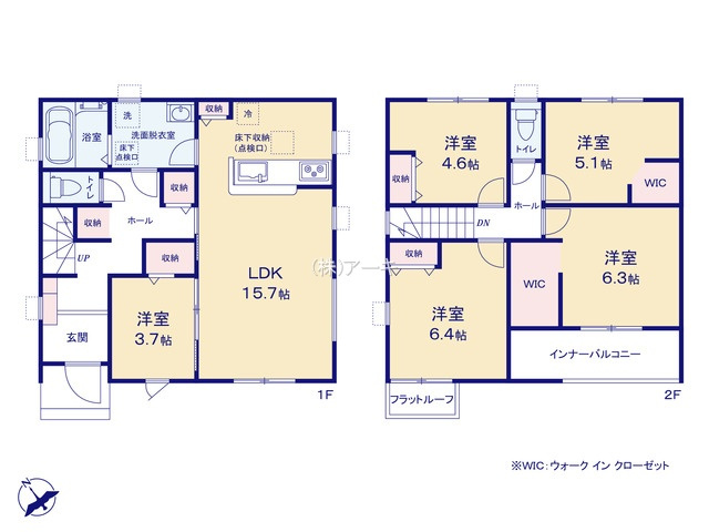 碧南市権現町1-226『仲介手数料無料』新築戸建ての間取り|　4号棟　1F:LDK15.7帖に隣接する洋室3.7帖！キッチン収納・ホール収納　収納豊富♪2F:洋室6.3帖・洋室5.1帖　WIC設置！洋室6.4帖・洋室4.6帖　CL設置！南面インナーバルコニー♪