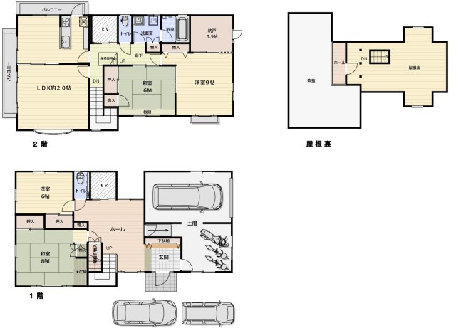 伯耆町岸本中古戸建の間取り|LDKを２階に配置し、眺望の良い設計となります。リビングの前は公園になり、開放感のある立地になります。