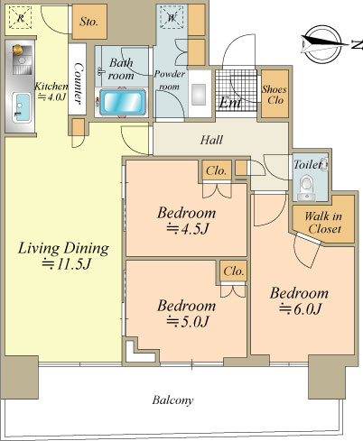 廊下部分（デットスペース）が少ないゆったり利用できる3LDK。WIC、SICなど大容量の収納がある間取りです。