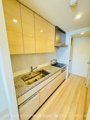 天然石ならではのぬくもりがある、御影石の天板カウンターを採用したキッチン。
浄水器一体型シャワー水栓、ディスポーザー・食洗機あり