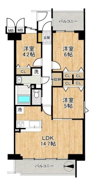 東急ドエル大和八木アネックスＣ棟の間取り|■広々したリビング約１４帖・３LDKの間取り！大容量の収納など、ご家族のお住まいにピッタリです！