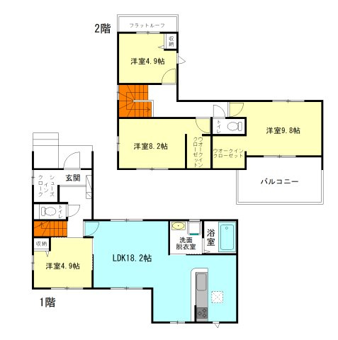 【間取り】 | ズットプラス高崎市下小鳥町1期ー① | モダンな全居室洋室仕様の4LDK間取り！
水回りを最短距離で結んだラクラク家事同線！