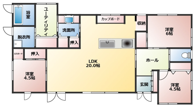 【間取り】 | ひたちなか市田彦　中古戸建 | 勾配天井で開放感のある広々としたリビングです。