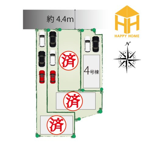 テラシエ福井町新築一戸建て全4区画│4LDK+駐車2台可の区画図|阪急「小林」駅徒歩16分の立地◎小学校まで徒歩4分でお子様の通学の際も安心です。
駐車3台の区画有り！(※車種制限有)