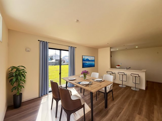 橿原市曽我町７期の居間・リビング|団らんに嬉しい対面式システムキッチンのＬＤＫ(画像の家具はAIで生成されたものです）