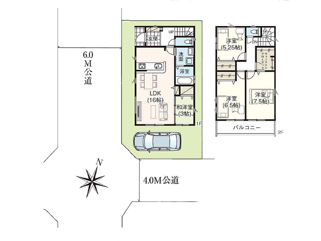【間取り】 | 富士見市水谷東3丁目　新築一戸建住宅　全1棟　(志木本店) | 陽ざしがたっぷり届く南西角地。カースペースもある、新しい暮らしにぴったりの一邸です。