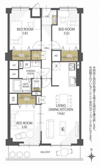 【間取り】 | 日商岩井福陵マンション | リフォーム済みの南向き3LDKとなり、リビング続きになった洋室を開けるとさらに広々とした空間になります！