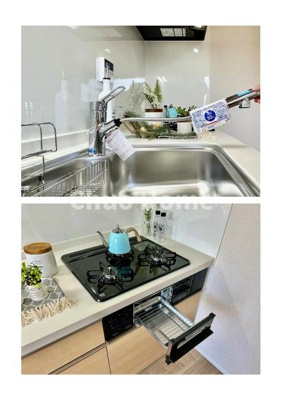 【キッチン】 | アーバンヒルズ北綾瀬第2 | 【キッチン水栓】キッチン水栓はシャワーヘッドが伸びますのでシンクの隅々まで届きます。【三ツ口コンロ】奥様に好評な三ツ口コンロと魚焼きグリルです。